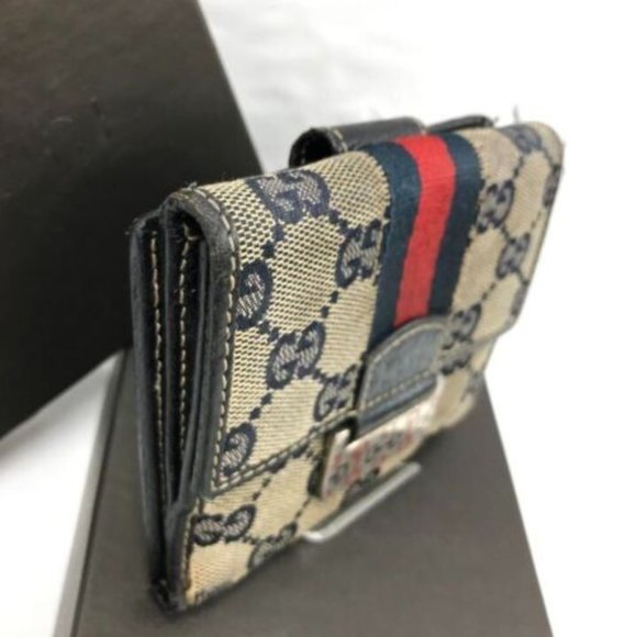 Authentic GUCCI Bifold Wallet Card Coin Case Purse Brown Navy With Box - Picture 3 of 10